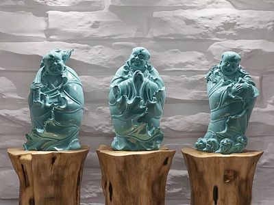 Three Green Hand Carved Sculptures On Wooden Bases With Stone Wall 3d model