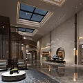 Elegant Modern Hotel Lobby Interior With Skylight Ceiling Circular Water Feature Rockery And Greenery