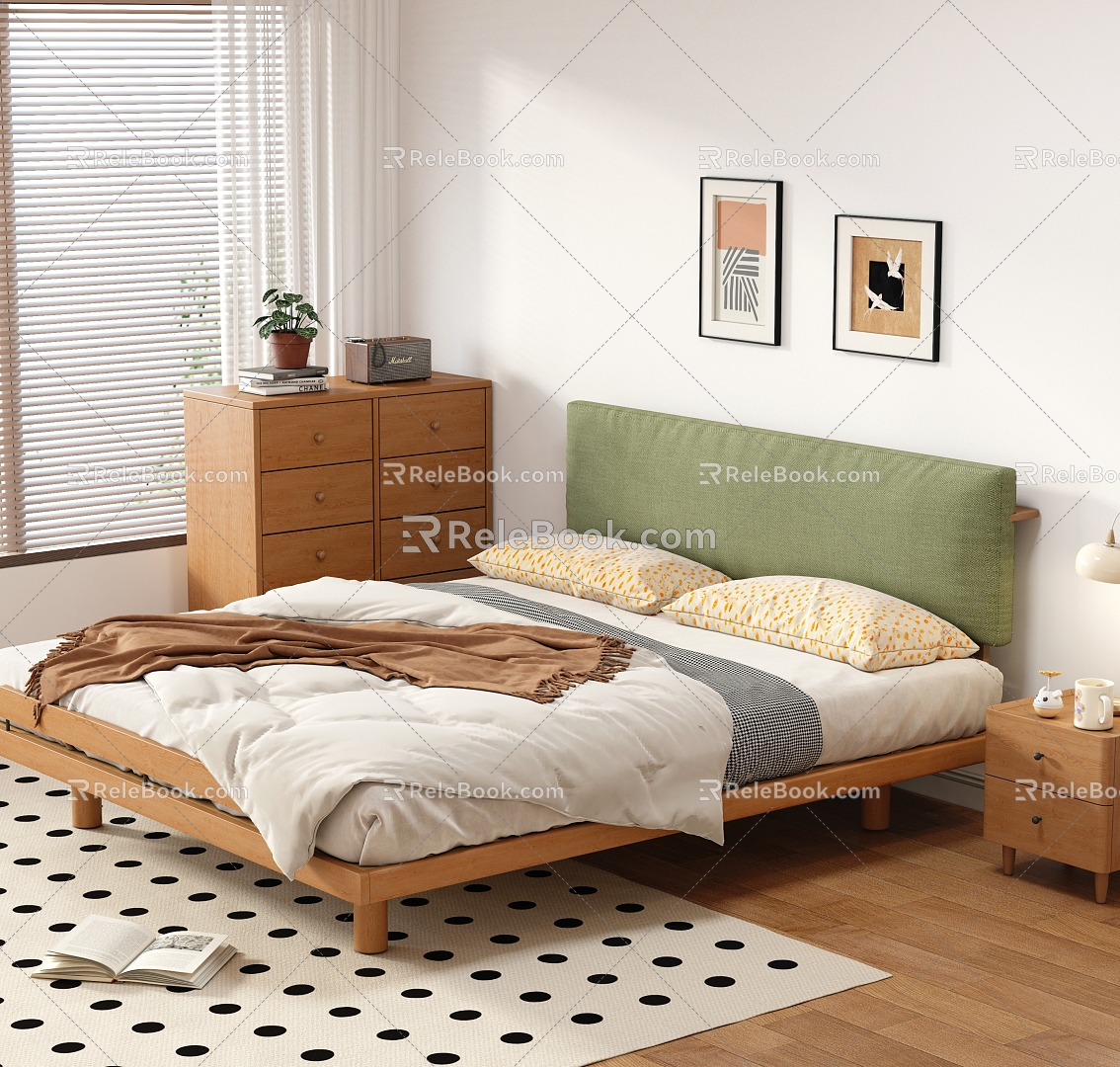 Japanese-style double bed log wind double bed solid wood double bed bedside table 3d model