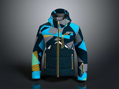 Stylish Hooded Jacket With Blue Gray Yellow Geometric Patterns And Front Zipper 3d model