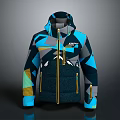 Stylish Hooded Jacket With Blue Gray Yellow Geometric Patterns And Front Zipper