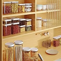 Wooden Kitchen Cabinets Featuring Glass Jars With White Lids For Grains Storage