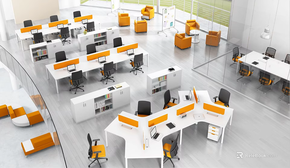 Modern Office Workspace With Ergonomic Desks And Orange Office Chairs 3d model 