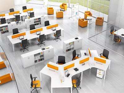 Modern Office Workspace With Ergonomic Desks And Orange Office Chairs 3d model