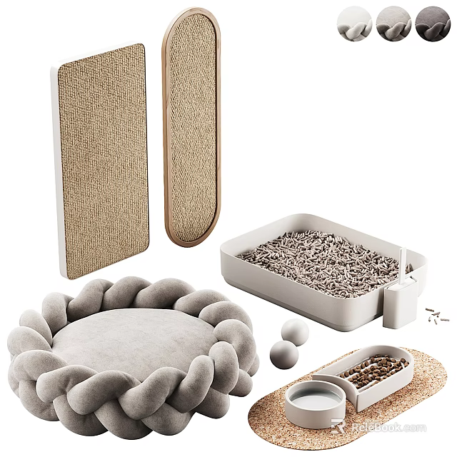 Essential Cat Supplies Including Scratchers Litter Box Bed Toys And Food Bowl 3d model 