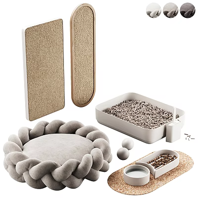Essential Cat Supplies Including Scratchers Litter Box Bed Toys And Food Bowl 3d model