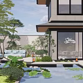 Serene Courtyard Garden With Pond Water Feature Green Plants Outdoor Furniture And Modern Residence Lighting