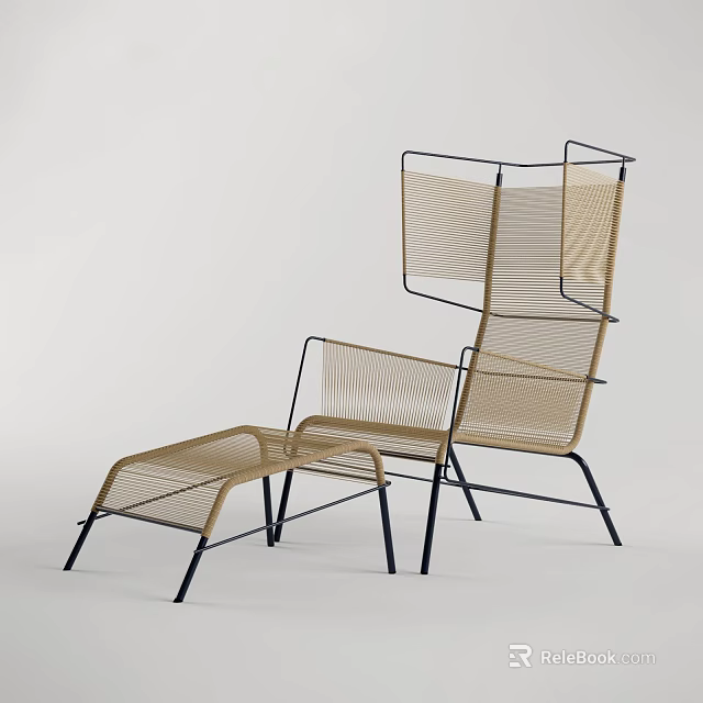 Modern Outdoor Chair With Black Metal Frame And Beige Woven Ottoman 3d model 