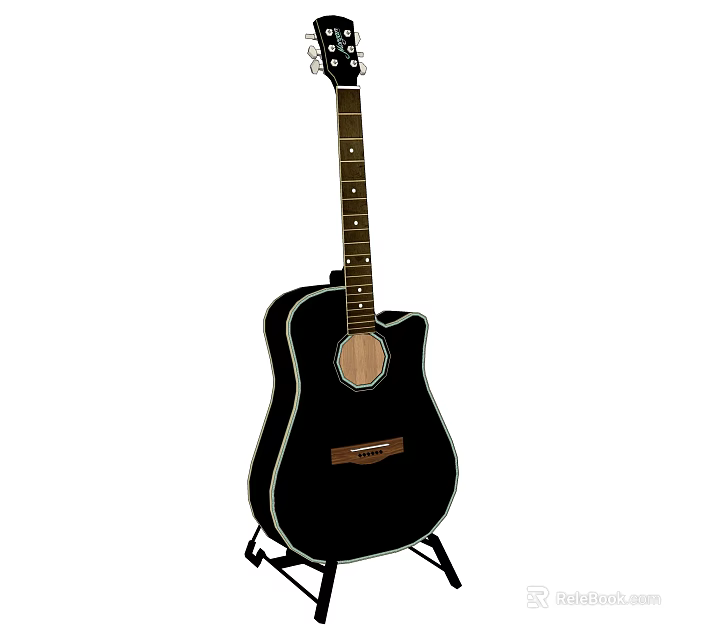 Black Acoustic Guitar With Wooden Fingerboard On Stand And Round Soundhole 3d model 