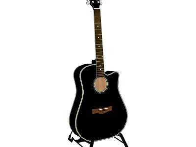 Black Acoustic Guitar With Wooden Fingerboard On Stand And Round Soundhole 3d model