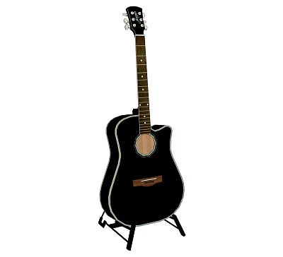 Black Acoustic Guitar With Wooden Fingerboard On Stand And Round Soundhole 3d model