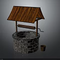 Traditional Well Structure With Wooden Gable Roof Stone Base Winch And Bucket