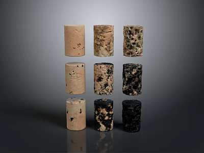 Wood and Stone Cylindrical Objects with Various Textures and Colors Arranged in Three Rows 3d model