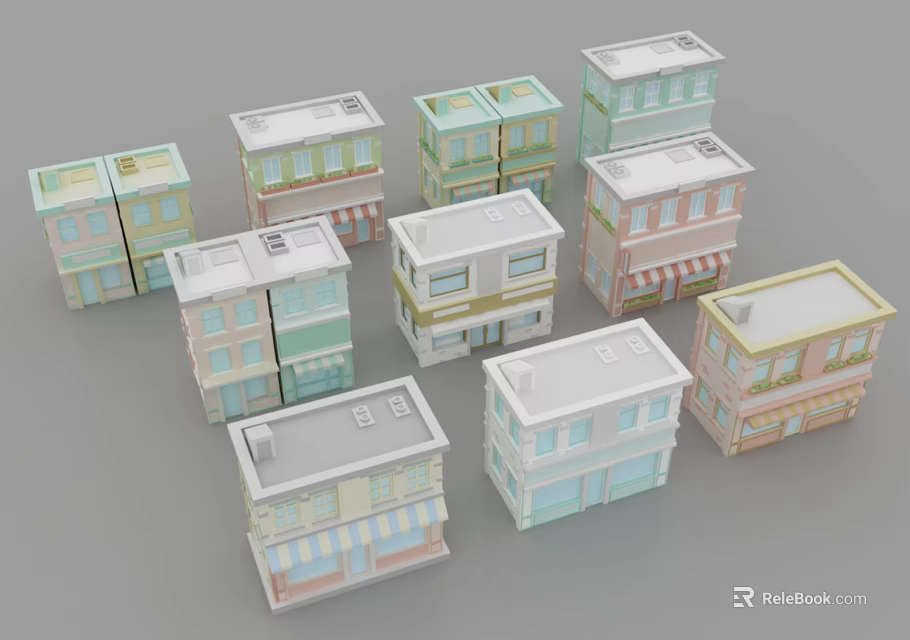 Colorful Small Building Models With Storefronts Residential Styles White Roofs Windows And Awnings 3d model 