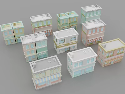 Colorful Small Building Models With Storefronts Residential Styles White Roofs Windows And Awnings 3d model