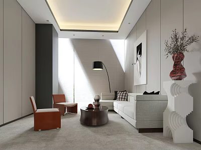 Modern Living Area With White Sofa Brown Armchairs Round Coffee Table Floor Lamp And Decor 3d model