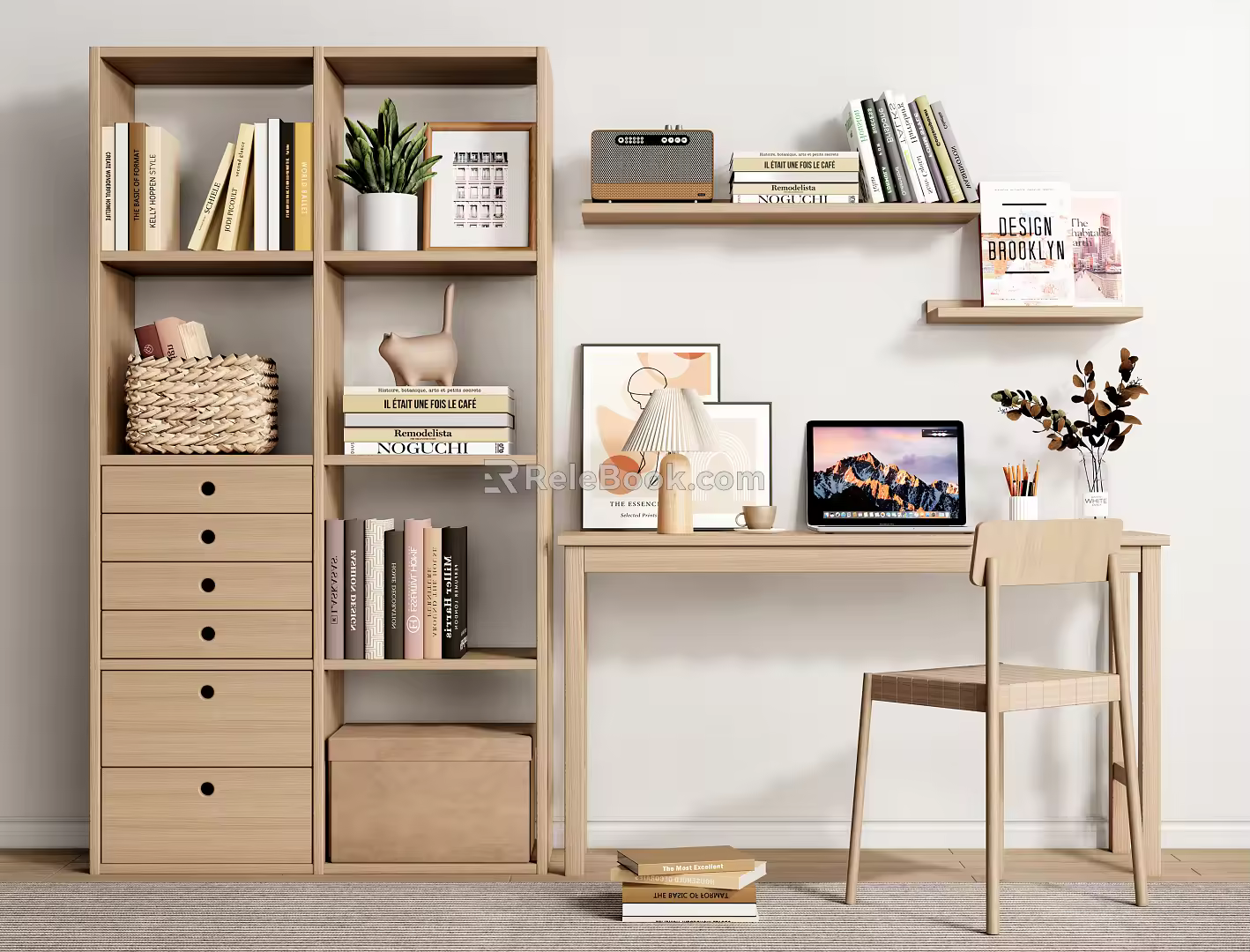 Nordic Desk and Chair Solid Wood Bookshelf 3d model
