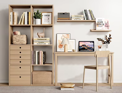 Nordic Desk and Chair Solid Wood Bookshelf 3d model