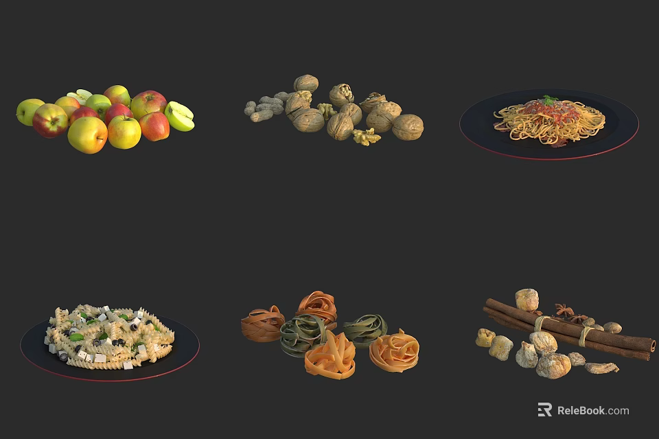 Assorted Fresh Foods Display With Apples Nuts Pasta Pizza And Spices 3d model 