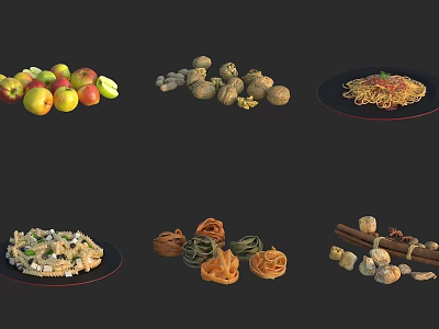 Assorted Fresh Foods Display With Apples Nuts Pasta Pizza And Spices 3d model
