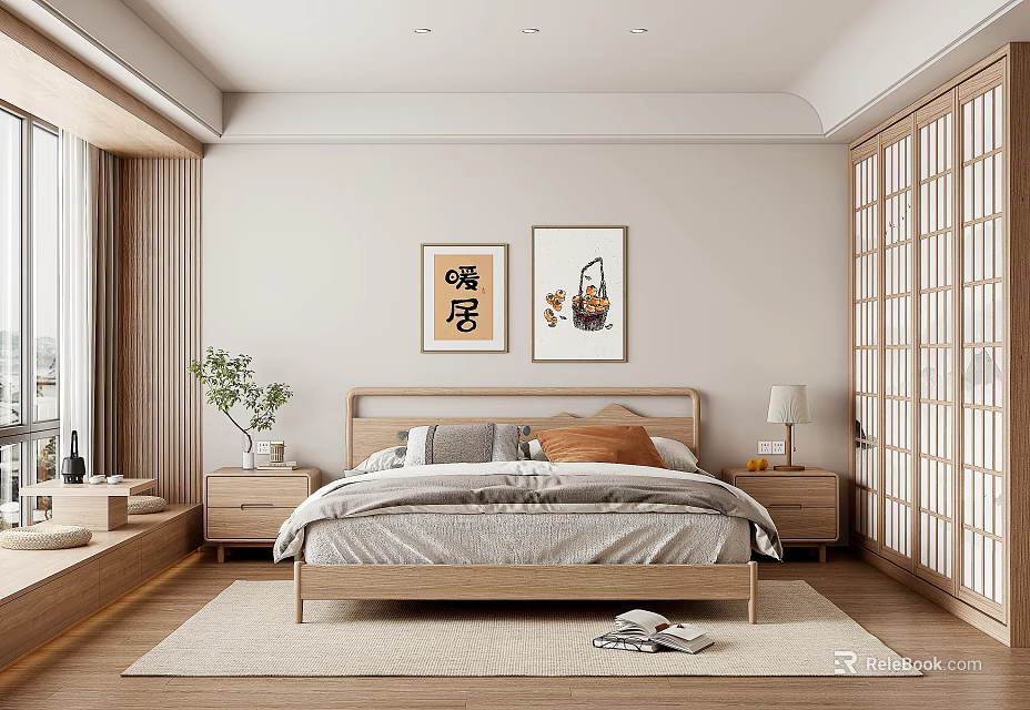 Minimalist Japanese Bedroom Interior With Wooden Bed Bedside Tables Decorative Paintings And Sliding Doors 3d model 