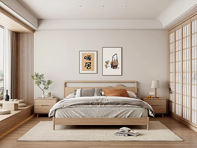 Minimalist Japanese Bedroom Interior With Wooden Bed Bedside Tables Decorative Paintings And Sliding Doors 3d model