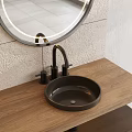 Modern Wooden Bathroom Vanity With Oval Backlit Mirror And White Tiled Wall