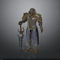 Man Wearing Blue and Gold Ornate Armor Holding Elaborate Sword on Dark Background