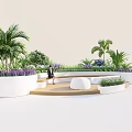 Modern Landscape Seating In Garden With Palm Trees Purple Flowers And White Planters