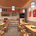 Authentic Sichuan Noodle Restaurant with Red Framed Glass Doors Blue Awning and Cozy Interior