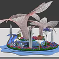 Pink White Sculptural Installation With Blue Base Colorful Flowers And Architectural Models