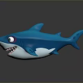 Blue Shark Toy with Big Eyes Open Mouth Showing Teeth on Dark Background and Reflection