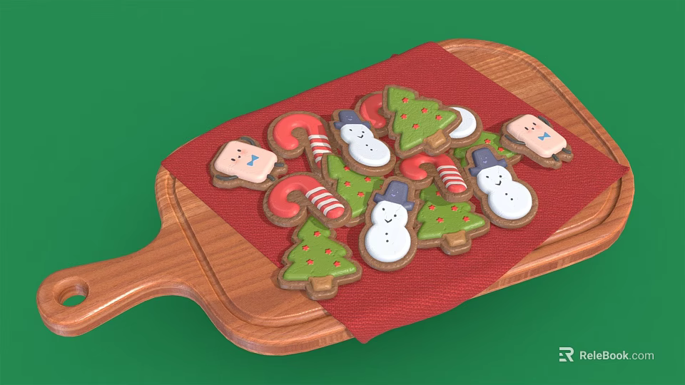 Christmas Themed Cookies On Wooden Tray With Red Cloth And Holiday Shapes 3d model 