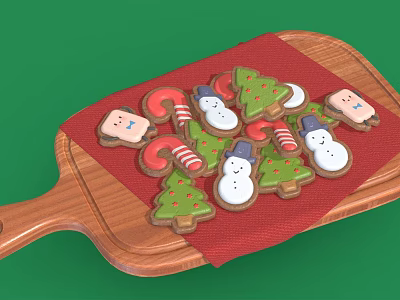 Christmas Themed Cookies On Wooden Tray With Red Cloth And Holiday Shapes 3d model