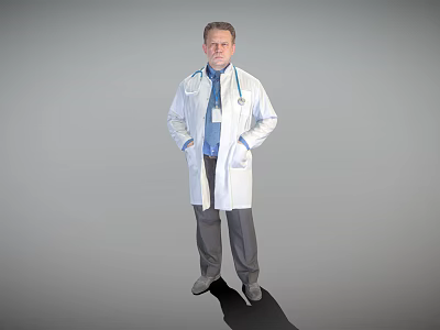 Man in White Doctor Coat with Stethoscope Blue Shirt Hands in Pockets Against Gray Background 3d model