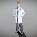 Man in White Doctor Coat with Stethoscope Blue Shirt Hands in Pockets Against Gray Background