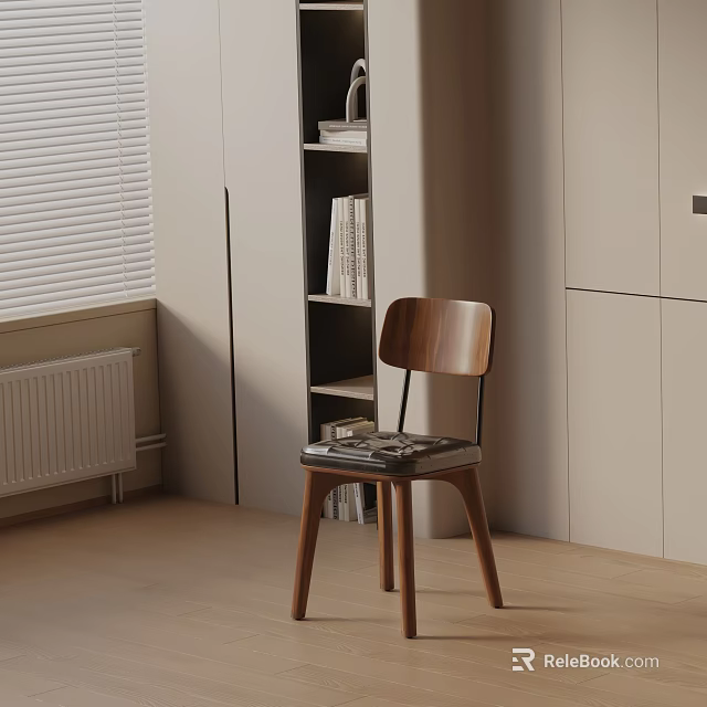 Wooden Dining Chair in Modern Minimalist Interior With Bookshelf Light-Colored Cabinets And Window Blinds 3d model 