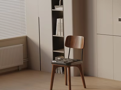 Wooden Dining Chair in Modern Minimalist Interior With Bookshelf Light-Colored Cabinets And Window Blinds 3d model