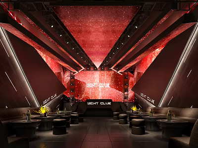 Modern Bar Interior With Red Starry Ceiling Large Screen And Seating Area 3d model
