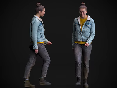 Woman Wearing Denim Jacket Yellow Top Gray Pants and Boots Posing From Different Angles 3d model