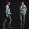 Woman Wearing Denim Jacket Yellow Top Gray Pants and Boots Posing From Different Angles