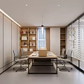 Modern Public Office Space Interior With Long Conference Table Gray Office Chairs And Wooden Bookshelves