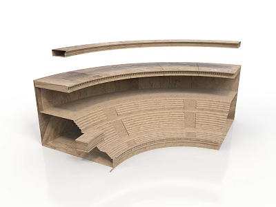 Curved Wooden Multi Layered Shelving Unit With Tiered Structure And Natural Wood Finish 3d model