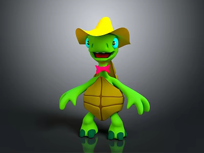 Reptile Cartoon Turtle with Yellow Hat Pink Bow Tie Green Body Brown Shell Blue Eyes 3d model