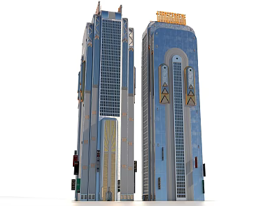 Cartoon Style Skyscrapers With Blue Glass Facades And Golden Top Designs 3d model