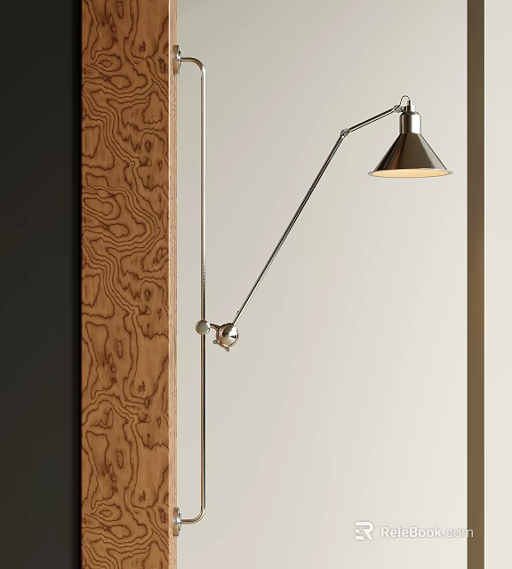 Modern Wall Lamp With Adjustable Metal Arm Conical Lampshade On Wooden Textured Light Colored Wall 3d model 