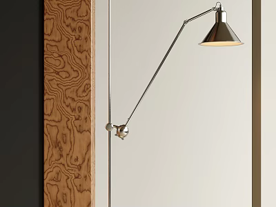 Modern Wall Lamp With Adjustable Metal Arm Conical Lampshade On Wooden Textured Light Colored Wall 3d model