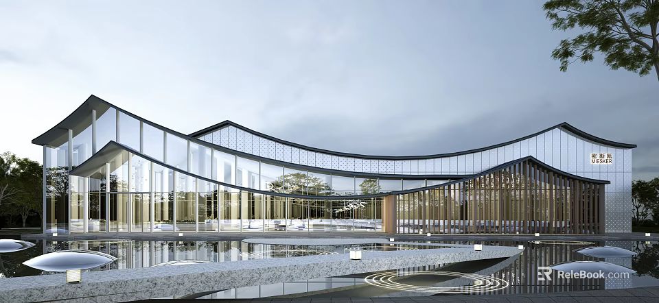 Modern Curved Sales Office Building With Large Glass Facade And Water Pool Reflection 3d model 