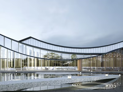 Modern Curved Sales Office Building With Large Glass Facade And Water Pool Reflection 3d model