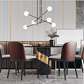 Modern Dining Table Set With Brown Leather Chairs And Geometric Pendant Light 3d model